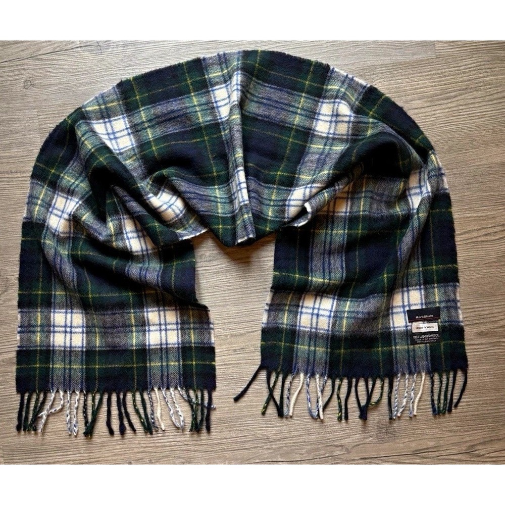 Mark Shale 100% Lambswool Plaid Fringe Scarf Green Blue Great Britain